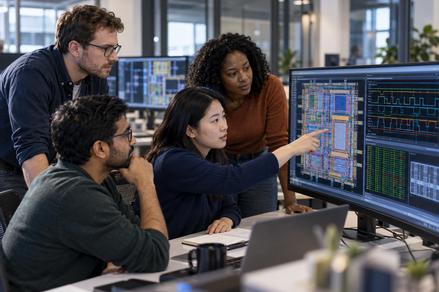 A diverse team of IC engineers reviewing layout and verification results together